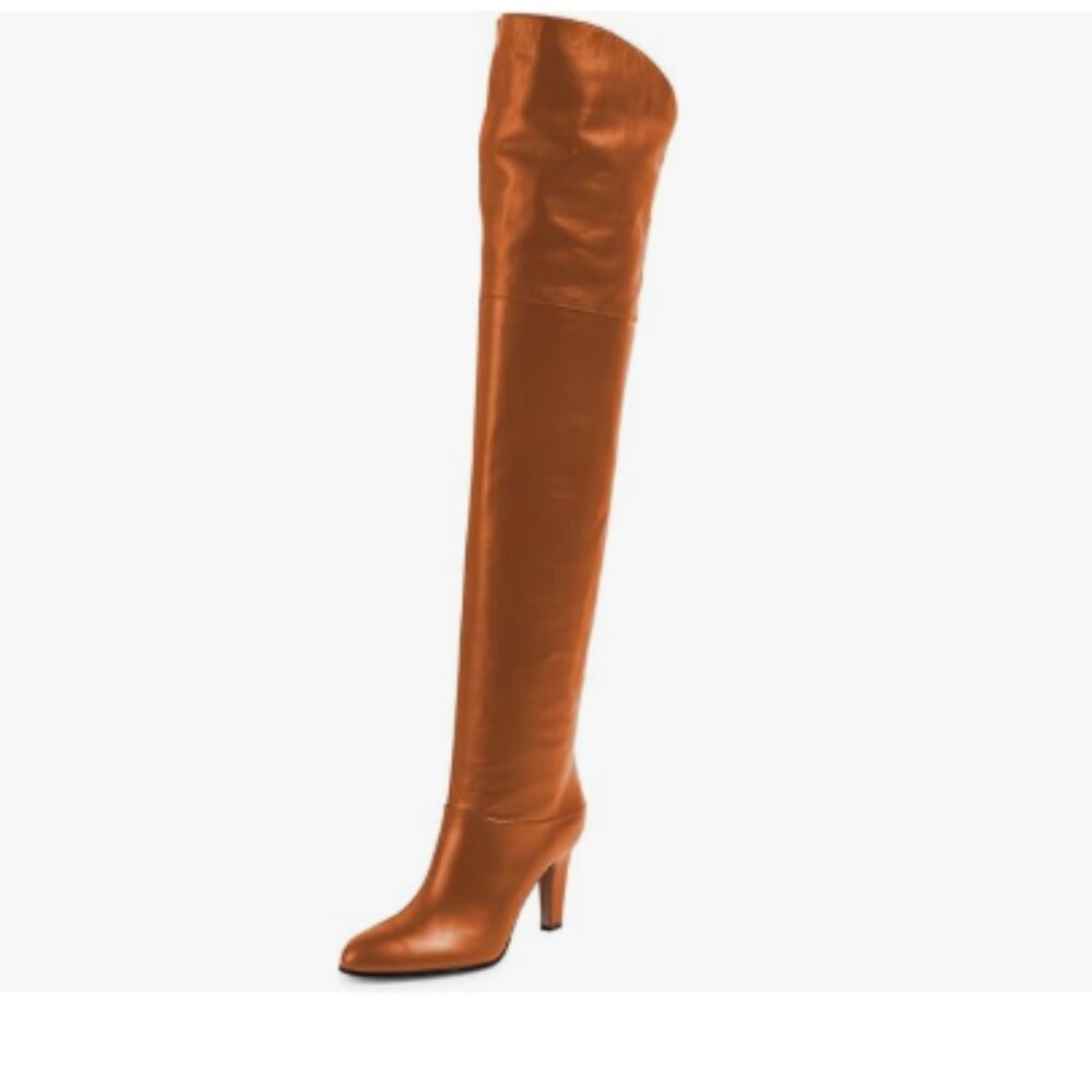 miss left Chocolate High Heel Almond Toe Stretchy Pull on Over The Knee Boots
